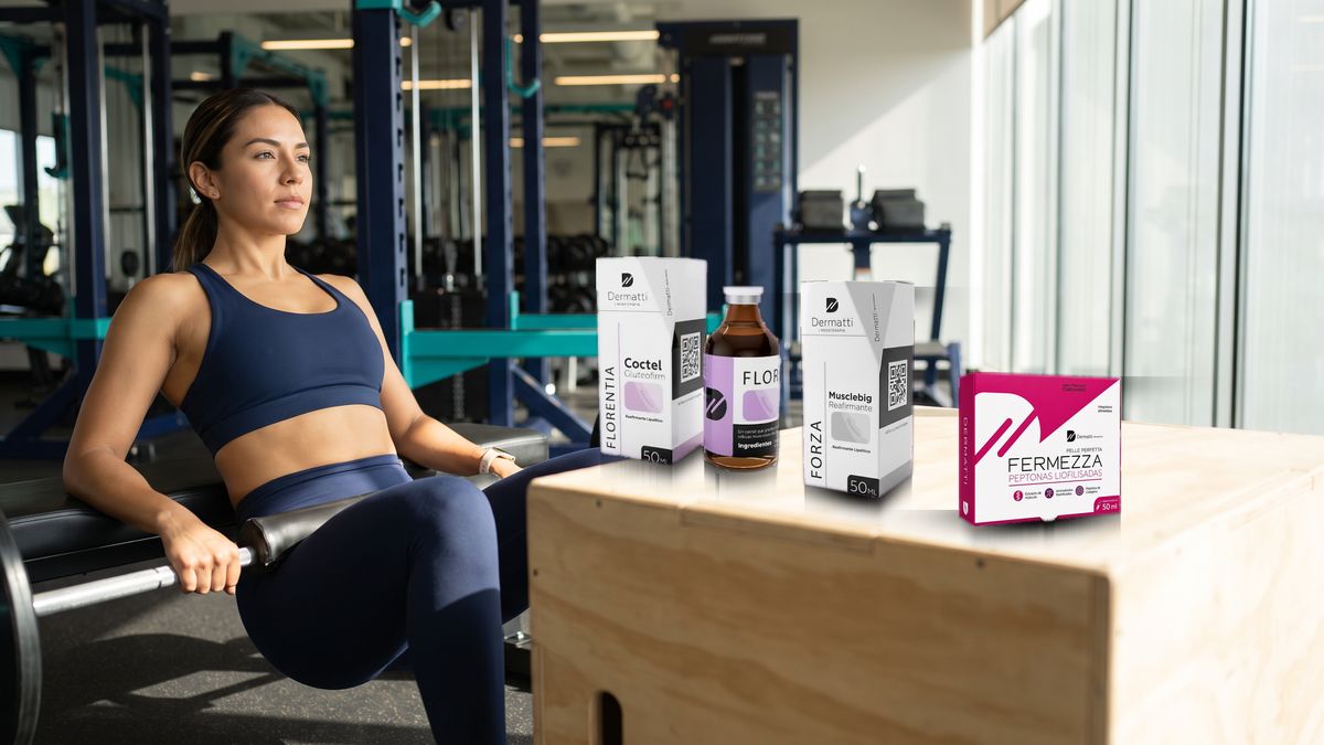 Florentia Coctel Gluteofirm, Forza Musclebig Reafirmante y Fermezza de Dermatti sobre un cajón de entrenamiento en un gimnasio