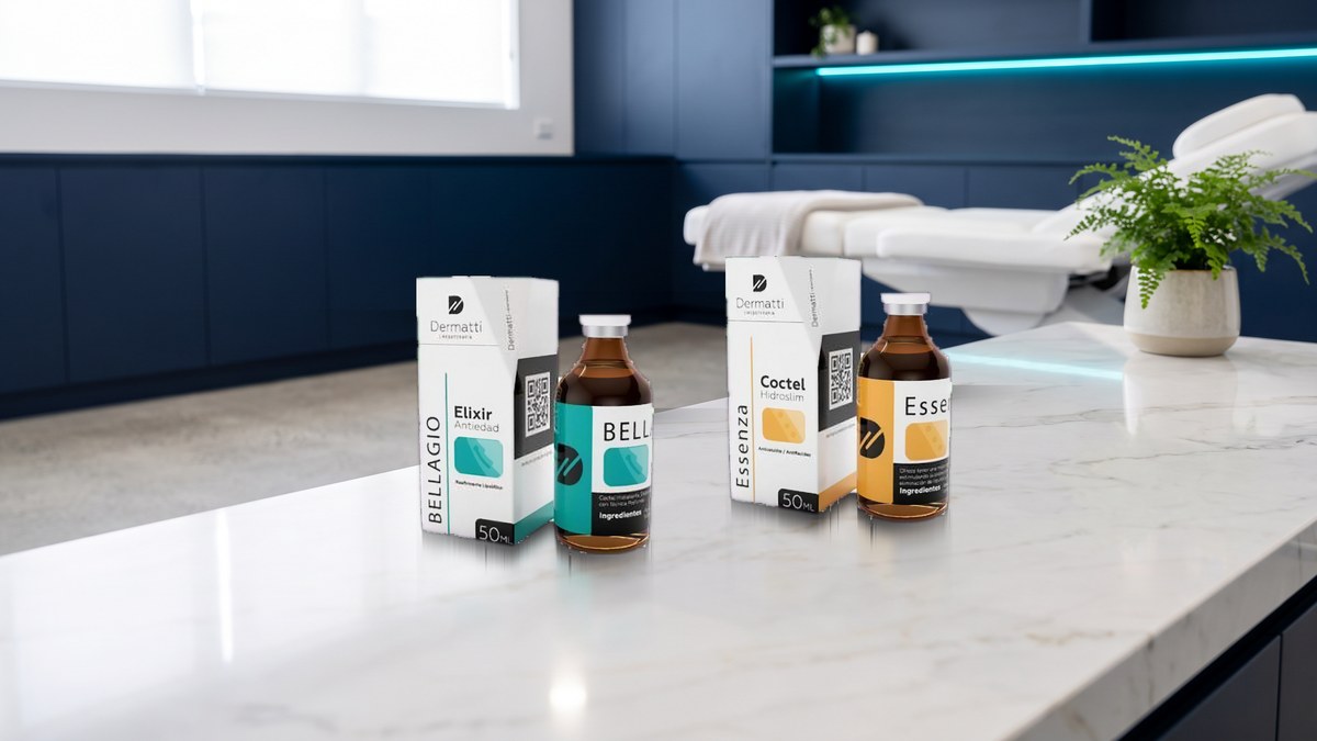 Bellagio Elixir Antiedad y Essenza de Dermatti, con su caja y su vial de 50 ml, sobre una barra de mármol en una cabina de estética